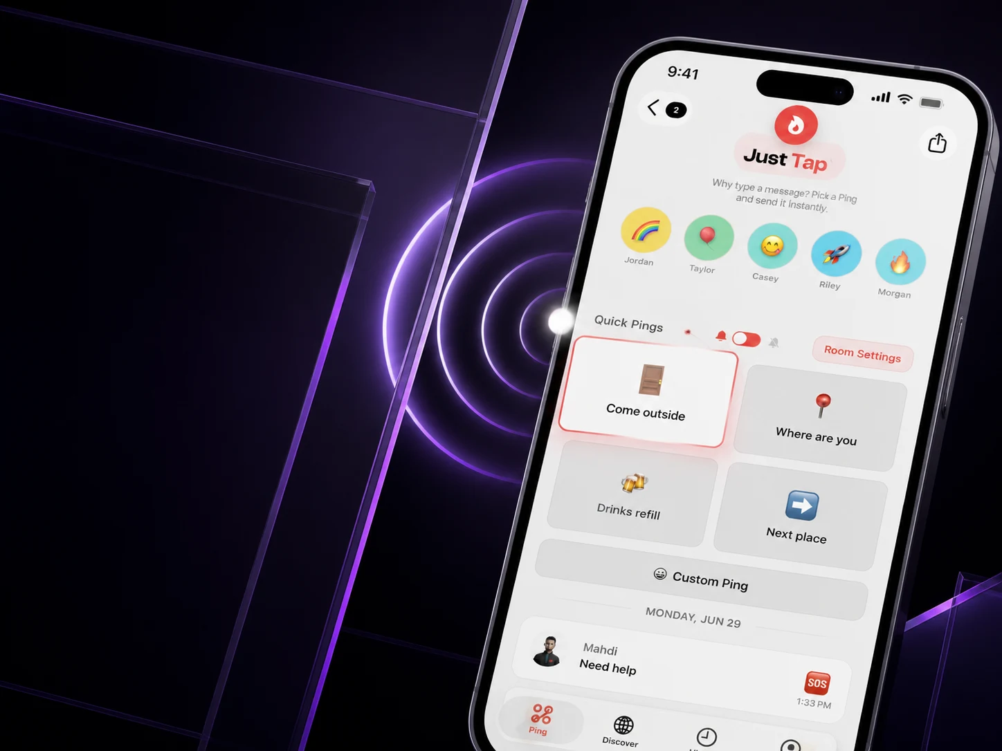 PingRoom preview showing one-tap Quick Pings in a shared room
